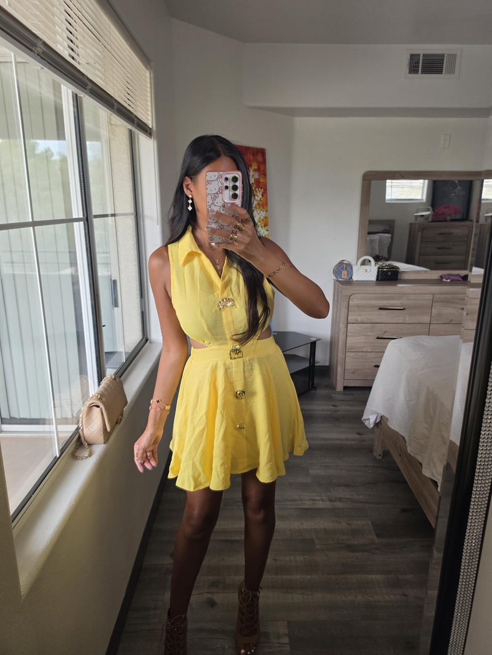 Yellow Sleeveless Button-Front Skater Dress